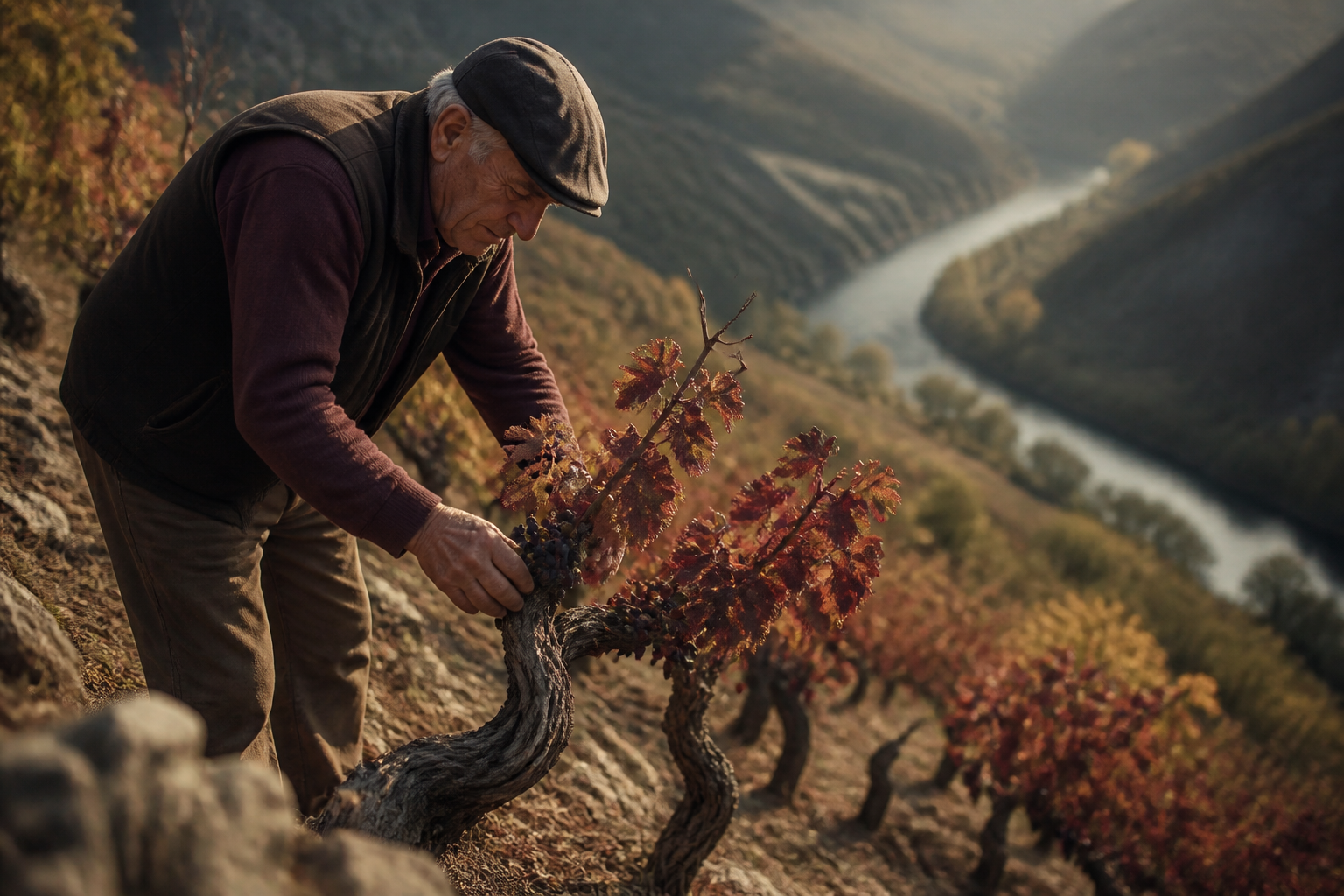 Redaktionell illustration: elderly winemaker inspecting gnarled old vines on a steep hillside in the Župa valley