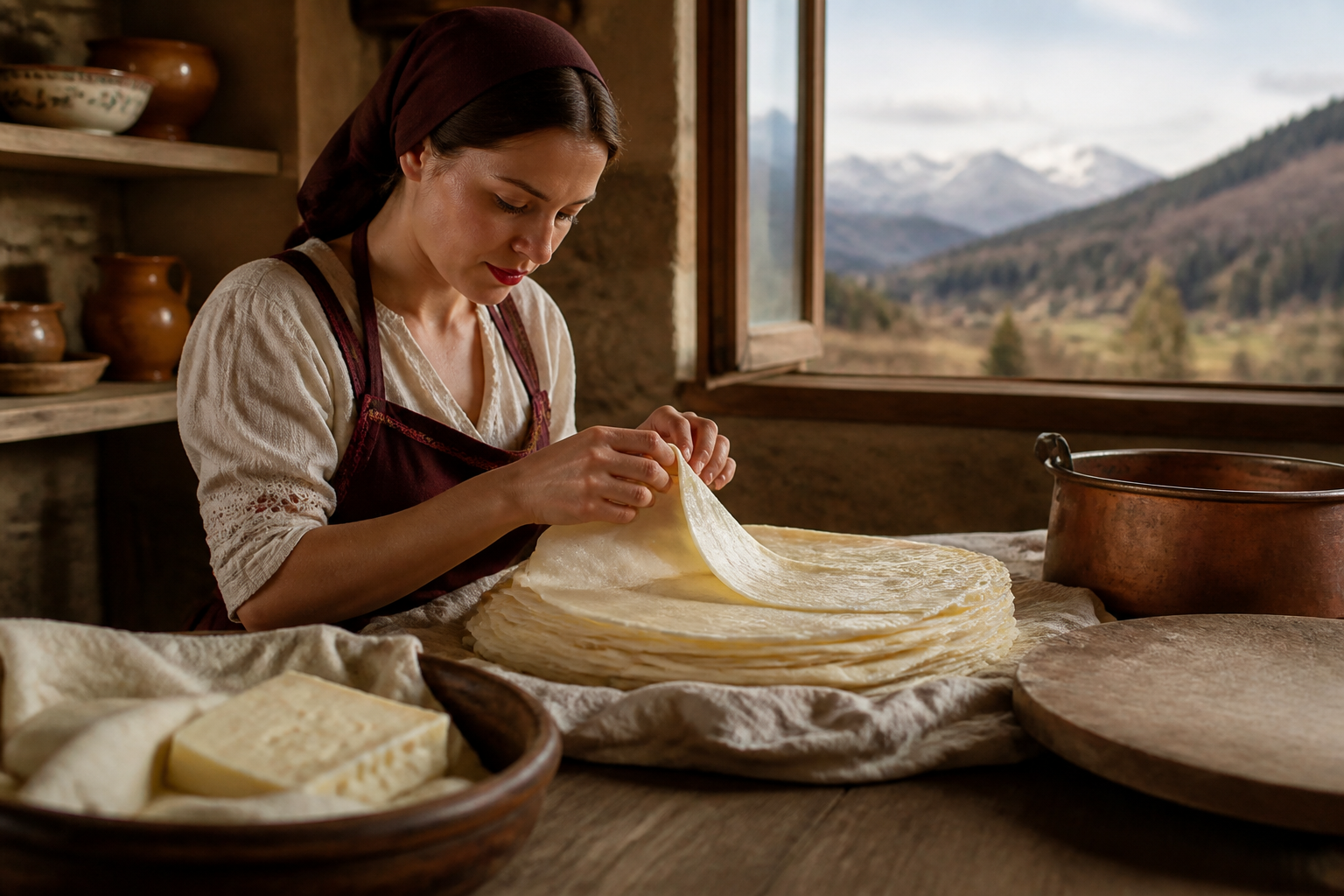 Redaktionell illustration: woman separating thin layers of freshly made leaf cheese in a rustic kitchen in Kolašin