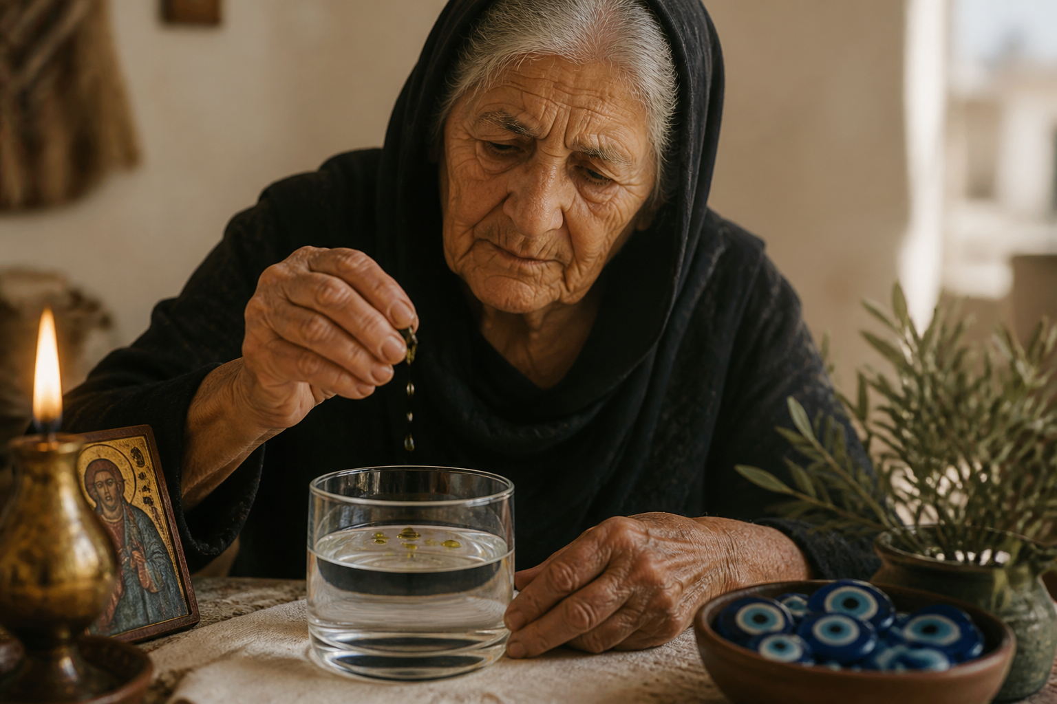 Redaktionell illustration: An elderly Greek woman performing the traditional xematiasma ritual