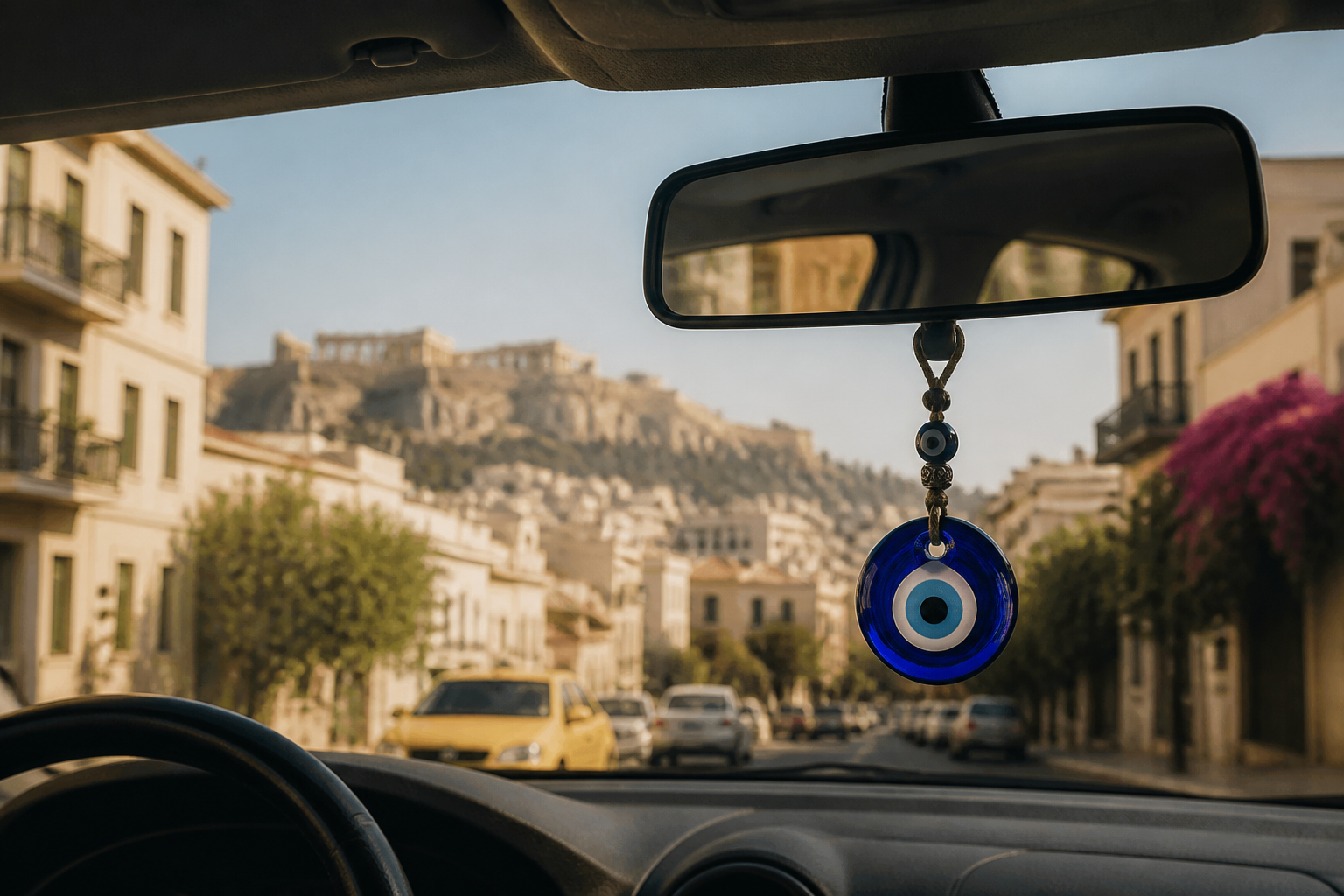 Redaktionell illustration: A traditional blue glass mati amulet hanging in a car