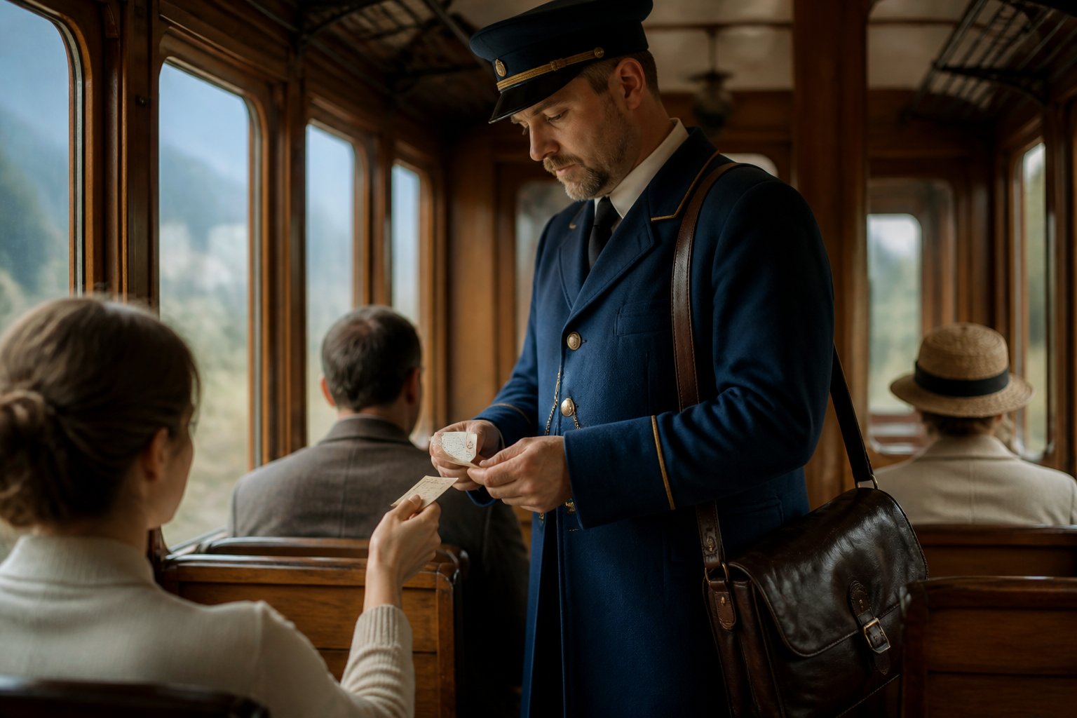 Redaktionell illustration: conductor in a vintage blue uniform checking paper tickets inside a wooden train carriage