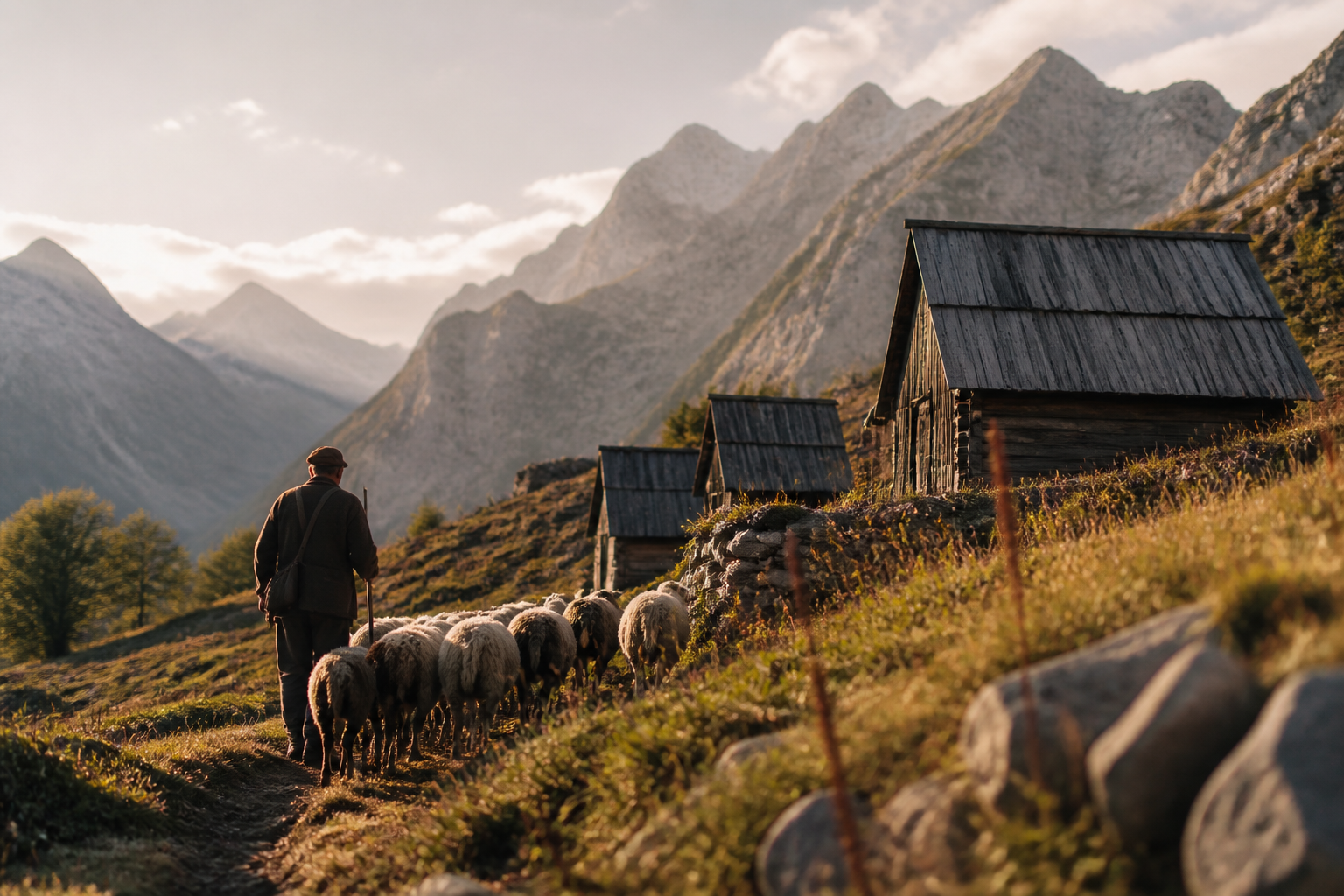 Redaktionell illustration: A shepherd herding a small flock of sheep near the remote wooden mountain huts of Doberdol
