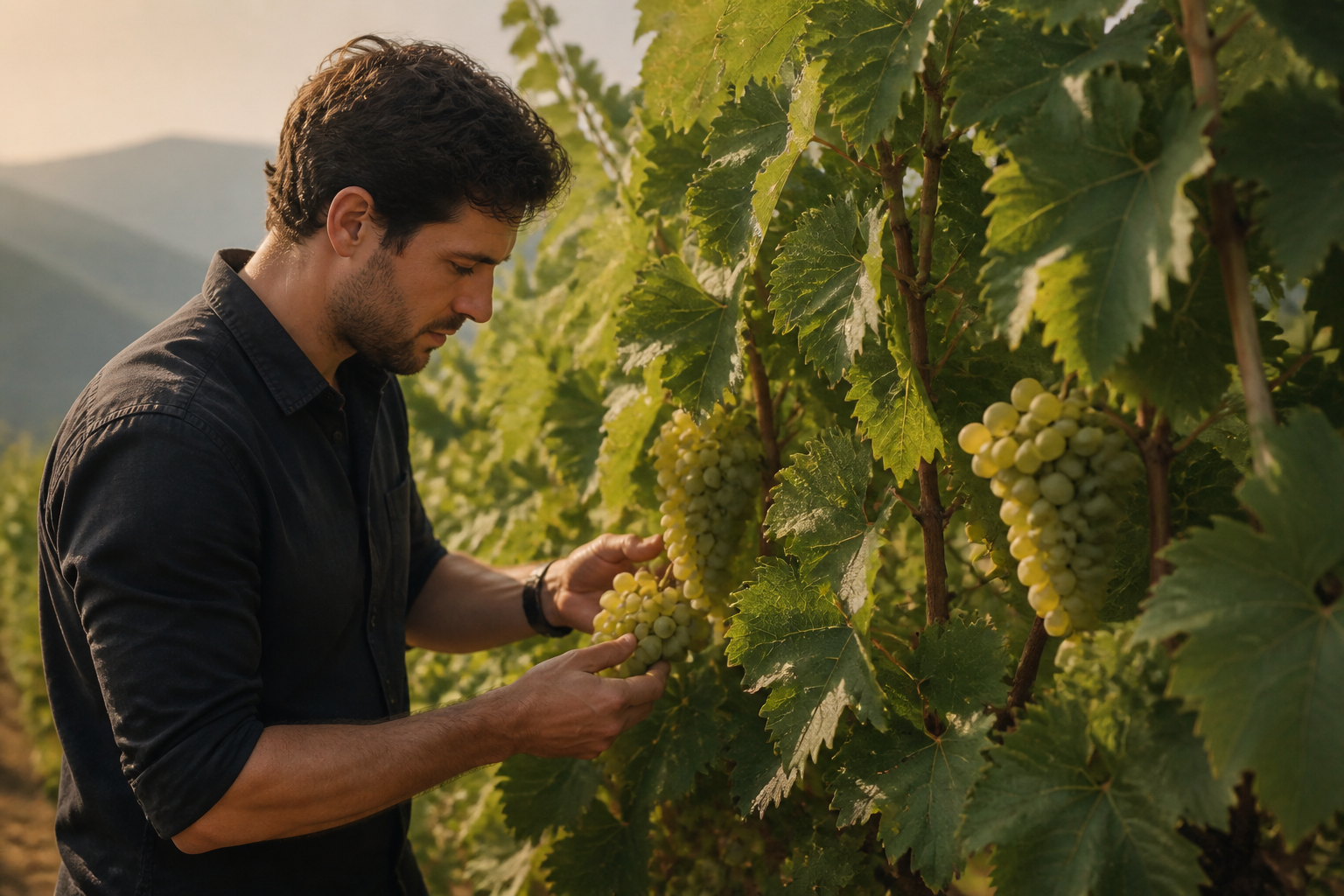 Redaktionell illustration: winemaker inspecting fresh bunches of white Zilavka grapes on the vine in a sunny field