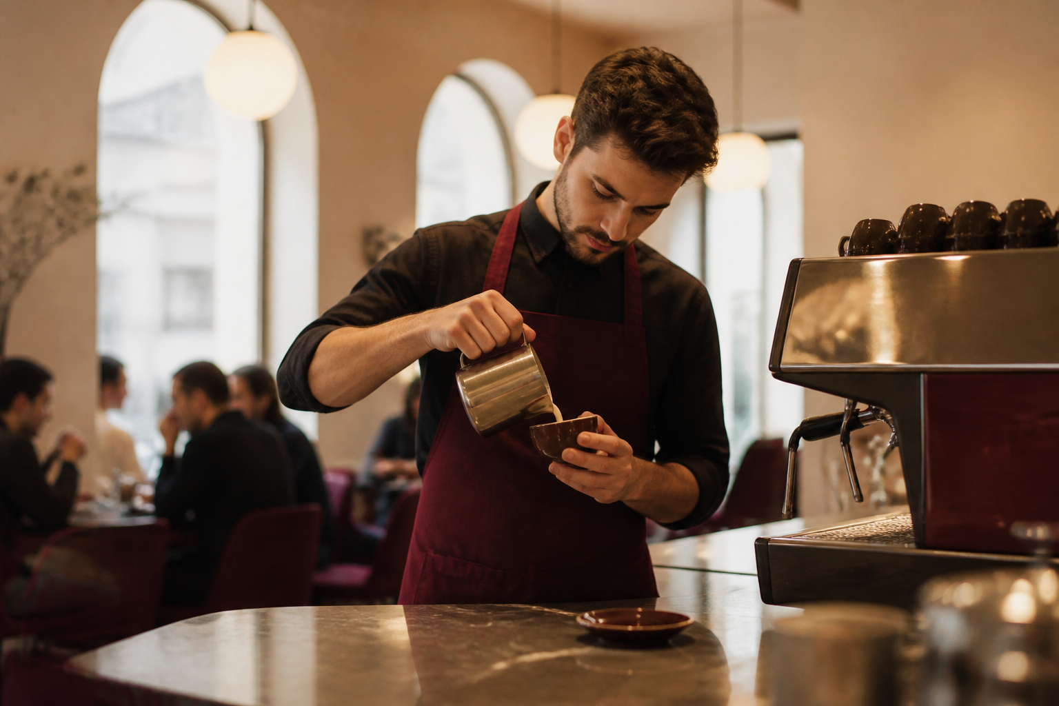 Redaktionell illustration: barista pouring steamed milk into an espresso cup at Cafe Matisse in Pristina