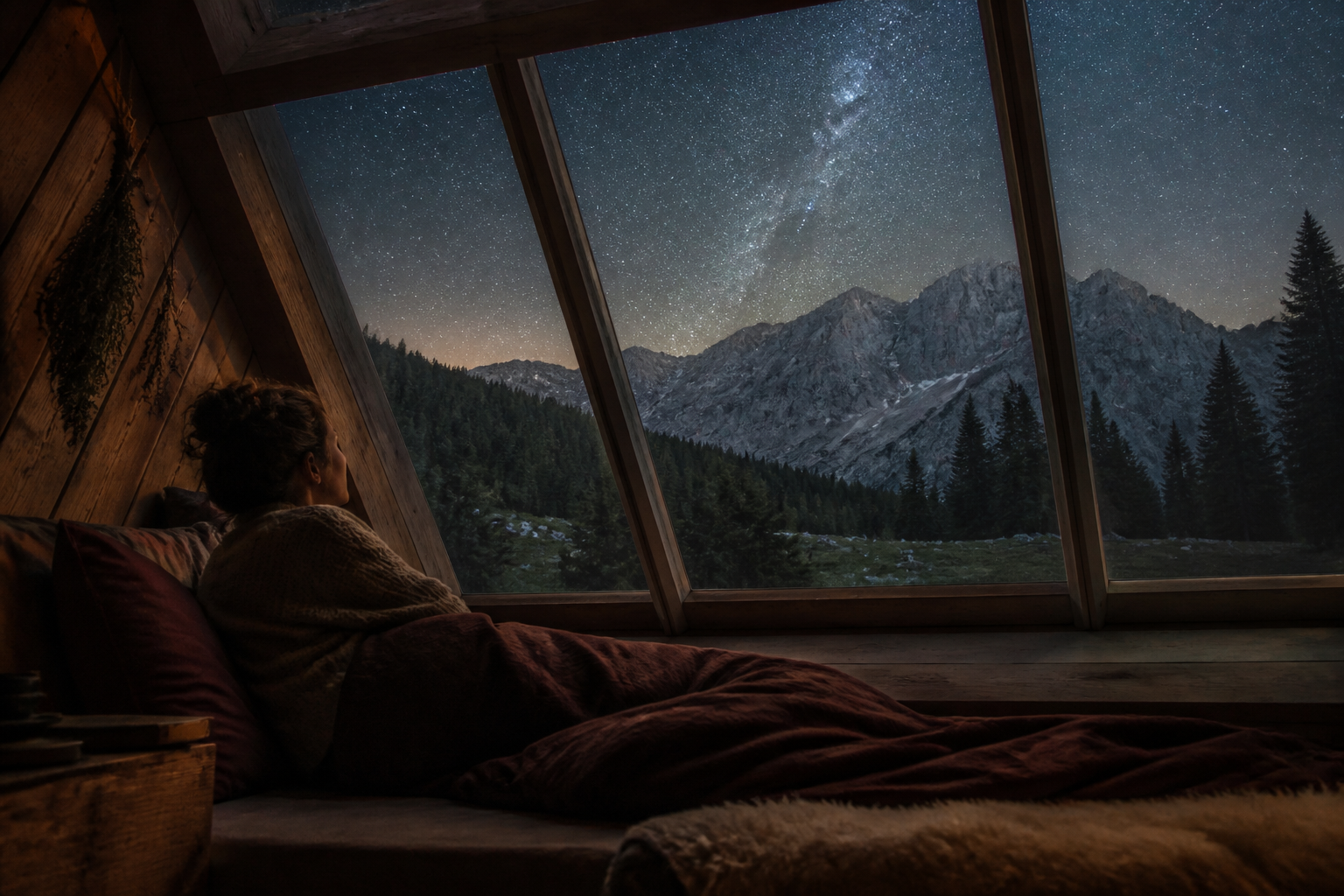 Redaktionell illustration: traveler looking up at the night sky through the glass roof of a wooden cabin in a mountain forest