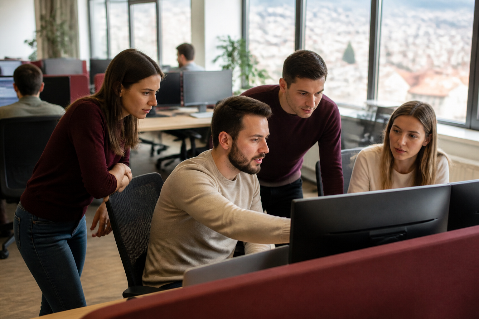 Redaktionell illustration: Young software quality assurance engineers collaborating in a modern office