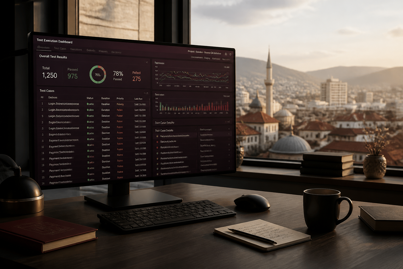 Redaktionell illustration: A workstation screen showing complex software quality assurance testing