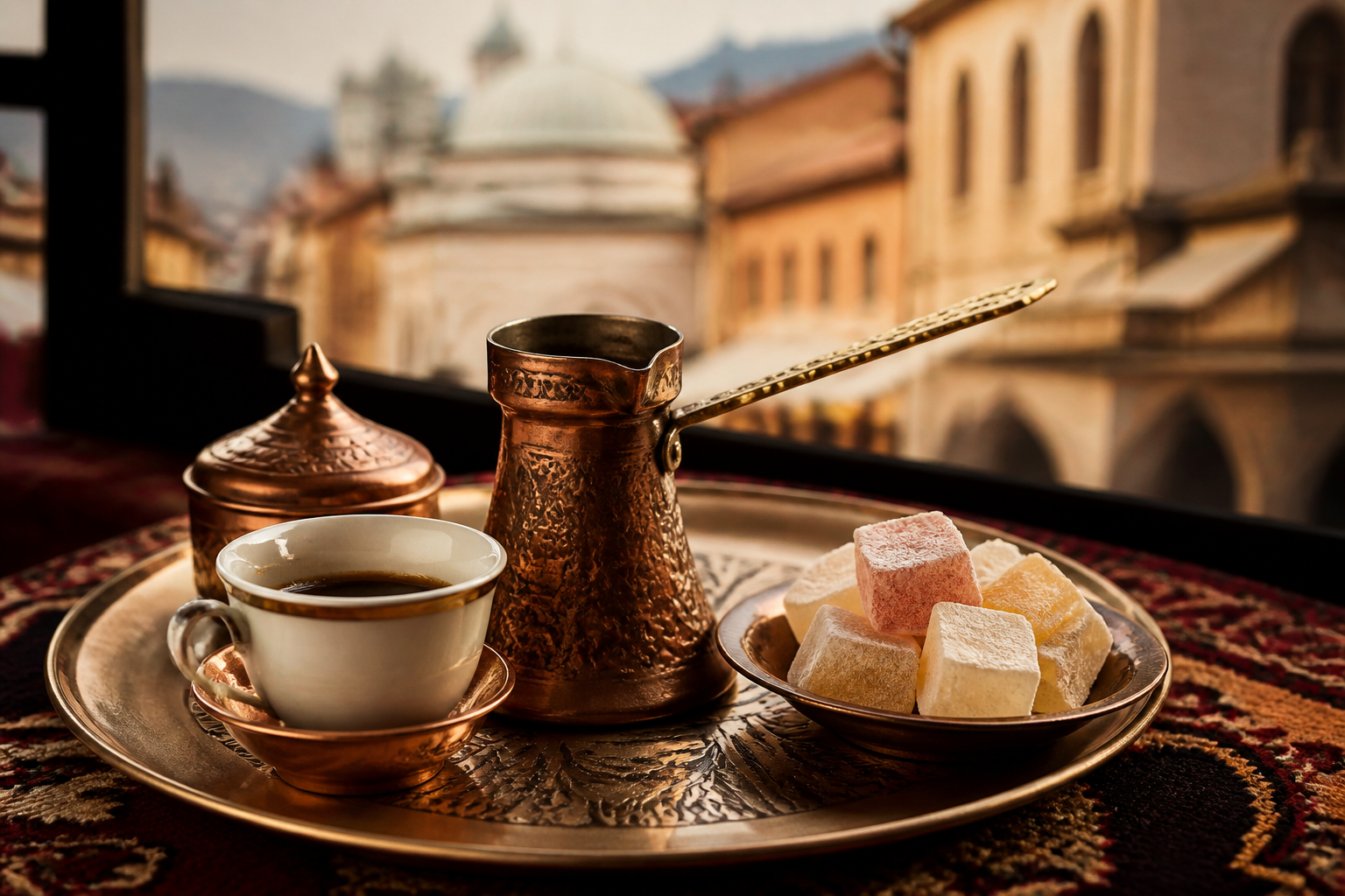 Redaktionell illustration: A traditional copper coffee set, džezva and fildžan, served on a metal tray with rahat lokum.