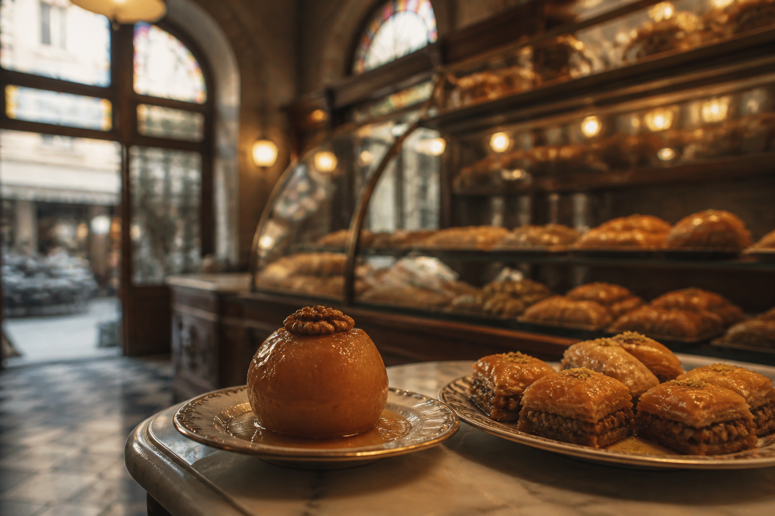 Redaktionell illustration: A plate of tufahija (poached apple stuffed with walnuts) and rich baklava inside a classic, bustling sweet shop.