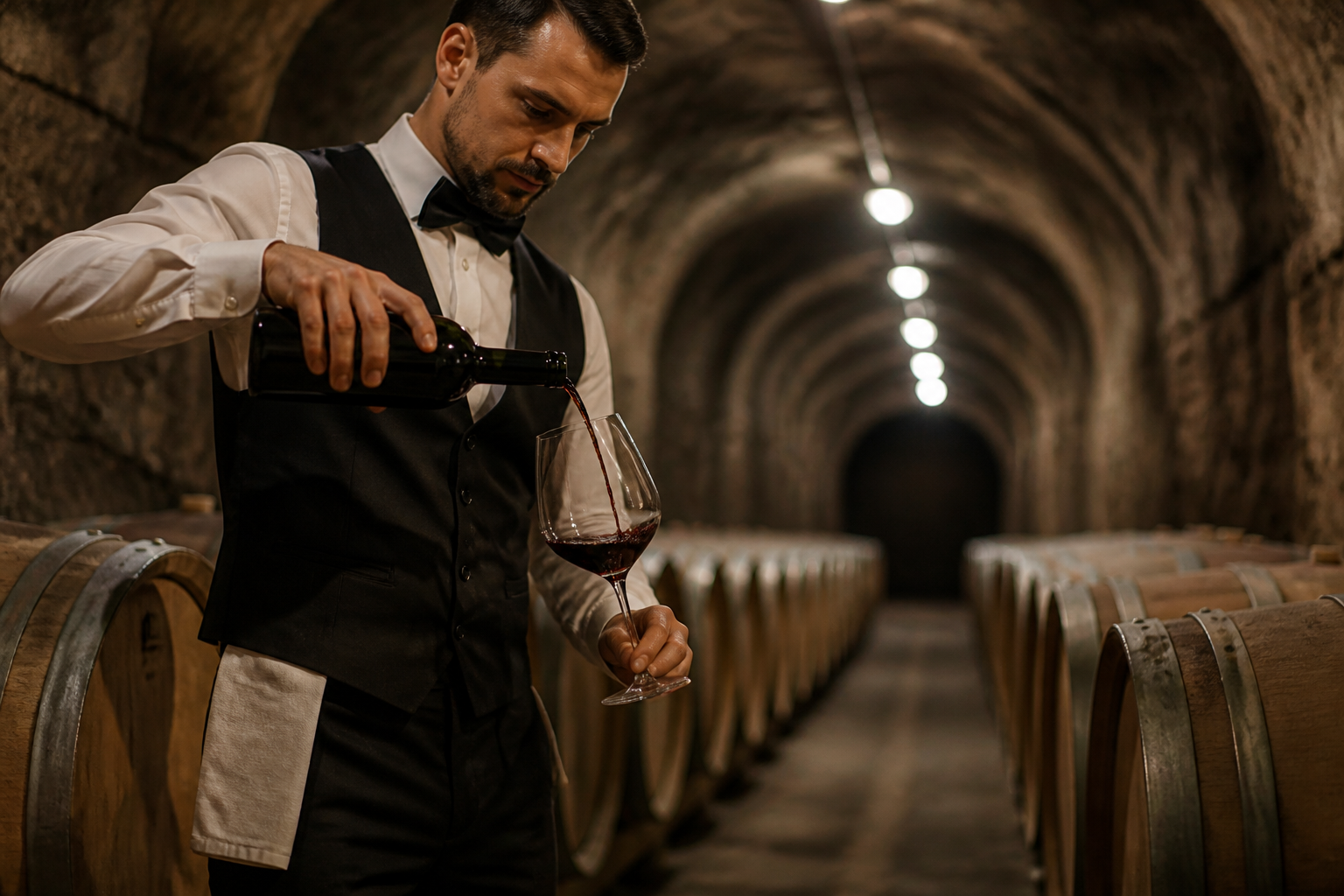 Redaktionell illustration: sommelier pouring dark red wine from a bottle in a massive underground stone tunnel lined with wooden barrels
