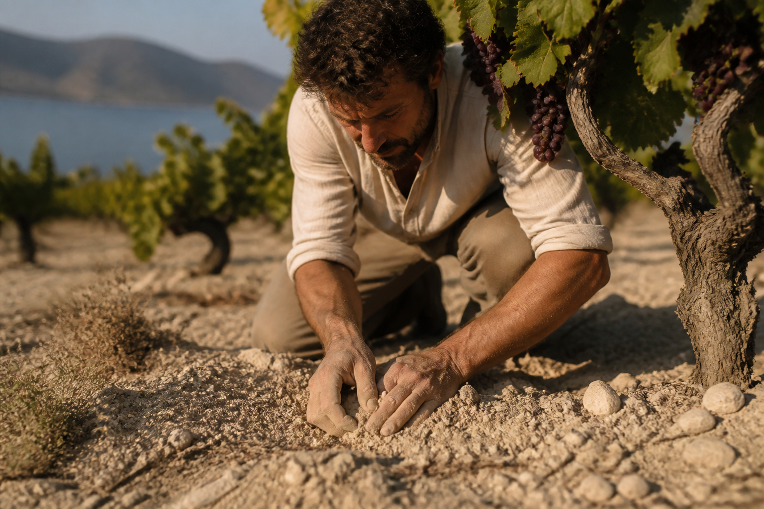Redaktionell illustration: vintner digging their hands into the pale sandy soil of a vineyard in Lumbarda