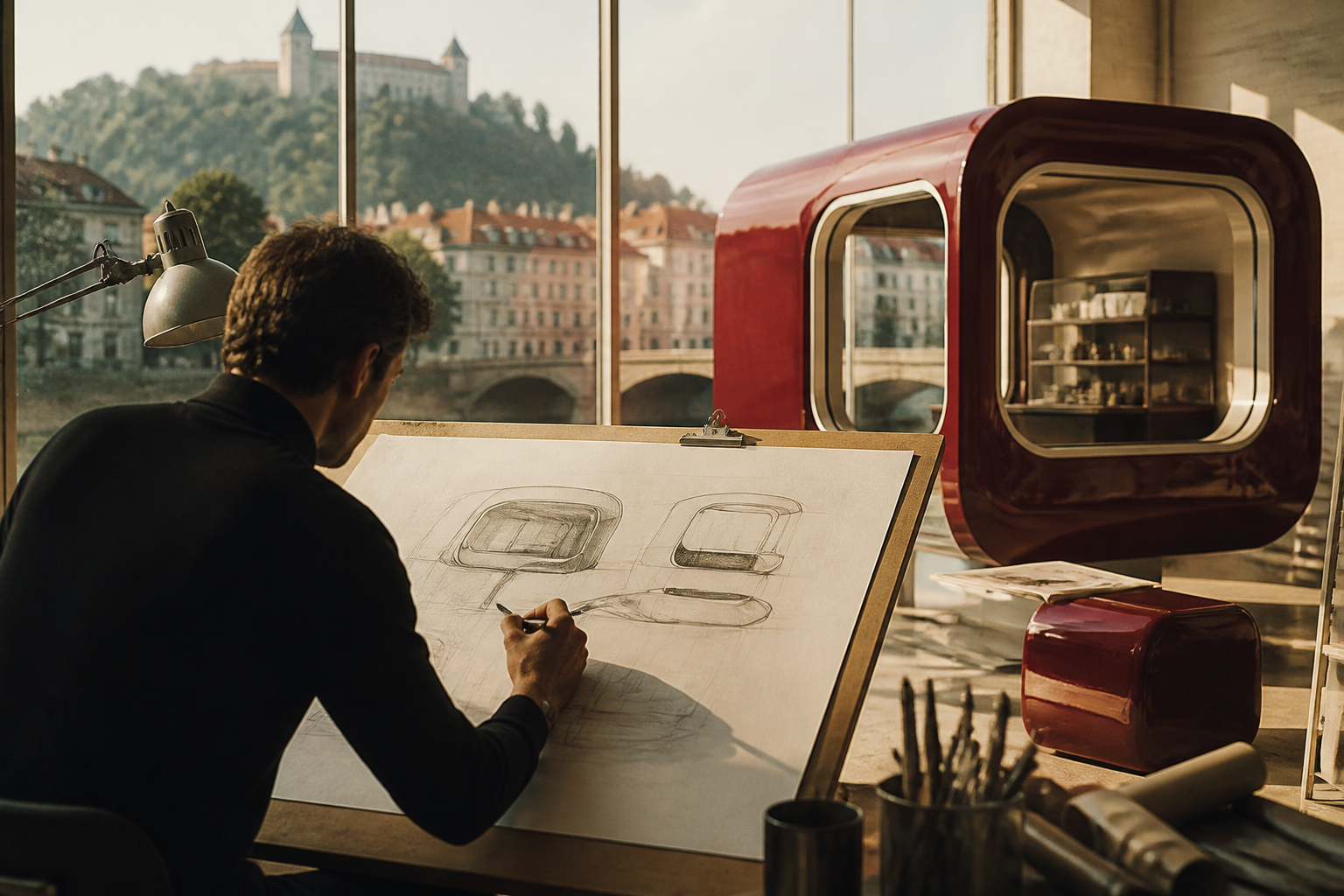 Redaktionell illustration: an architect sketching the organic curves of a modular cabin on a drafting table