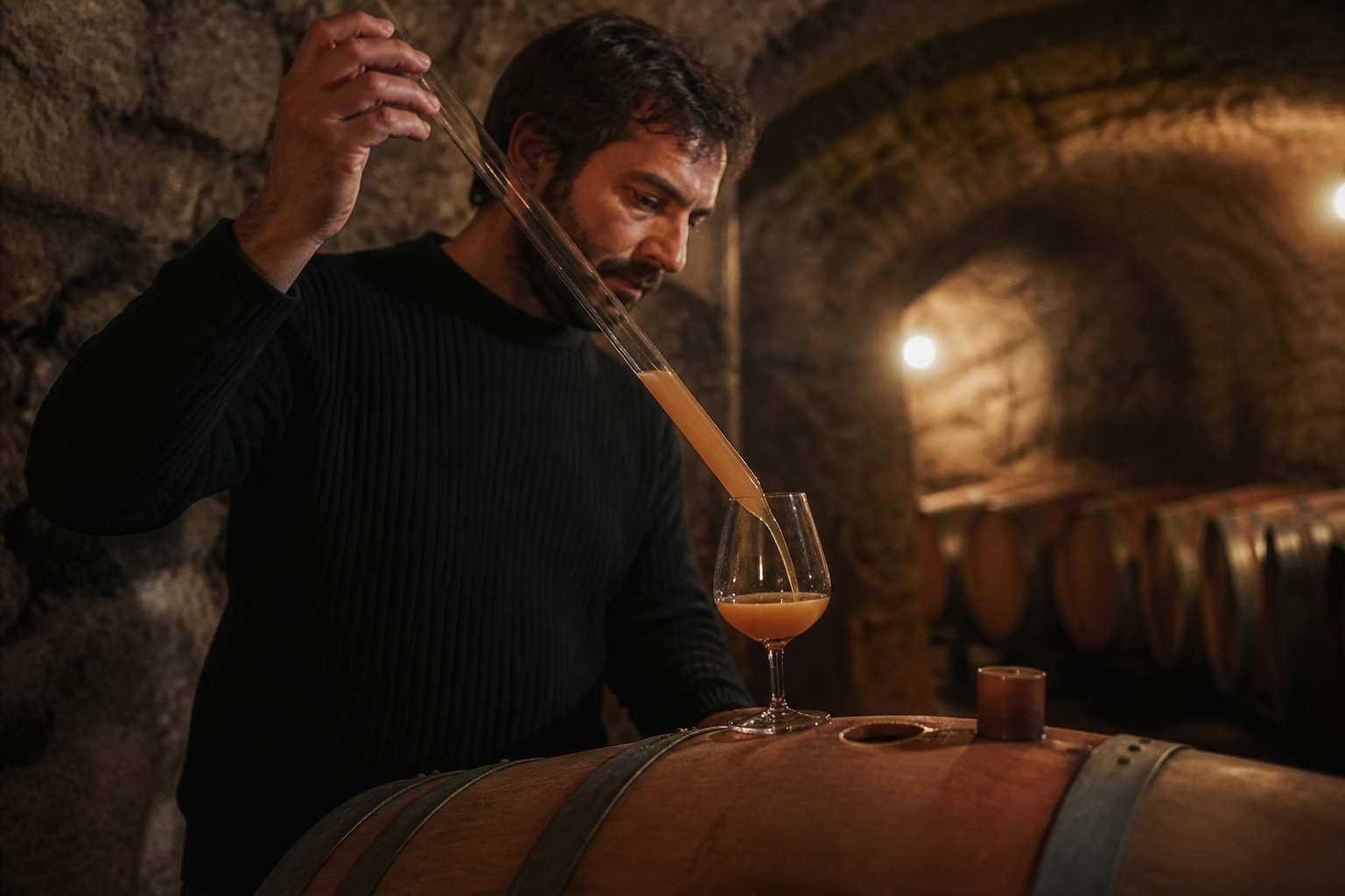 Redaktionell illustration: winemaker drawing cloudy orange wine from a wooden barrel using a glass pipette in a dim stone cellar
