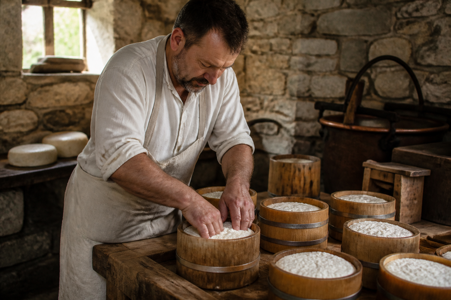 Redaktionell illustration: artisan cheese maker pressing fresh white cheese into wooden molds inside a rustic stone dairy