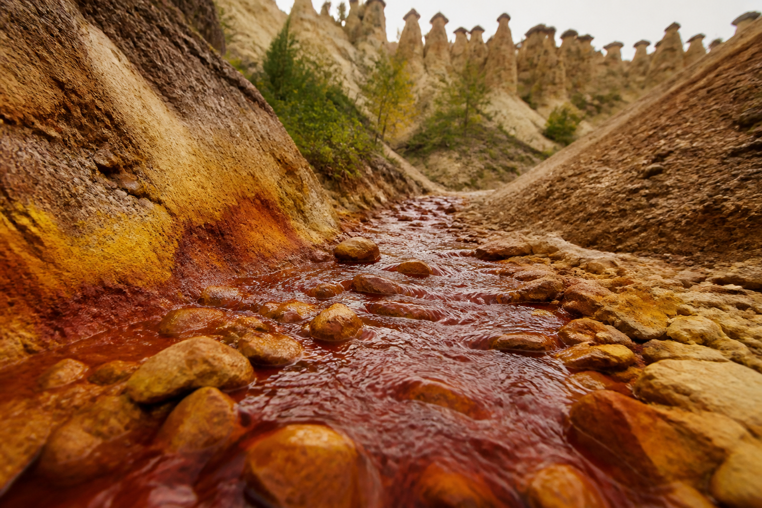 Redaktionell illustration: A stream of deep reddish highly mineralized water trickling through a rocky canyon