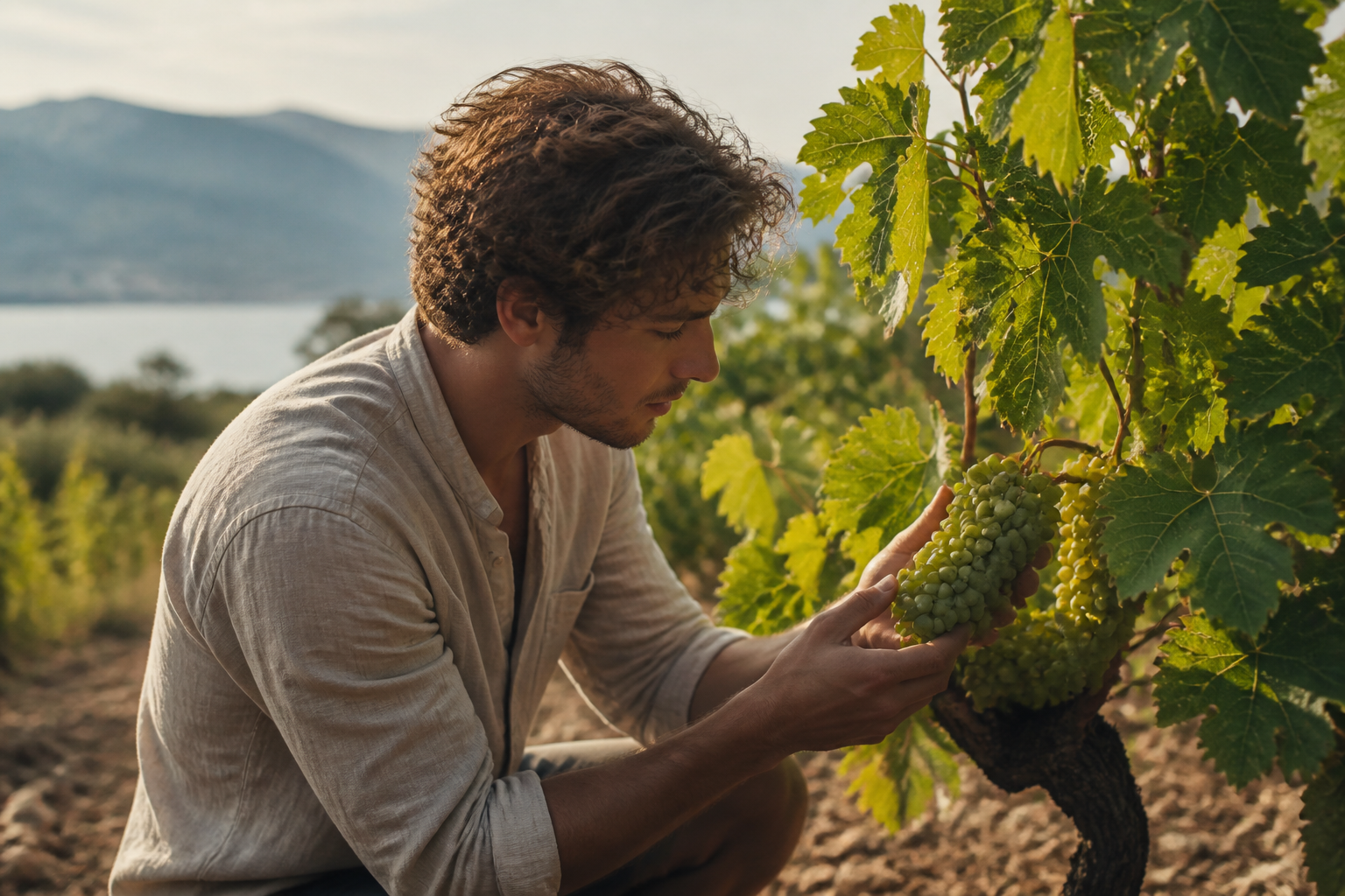 Redaktionell illustration: young winemaker inspecting bright green grape clusters on the vines of Hvar island