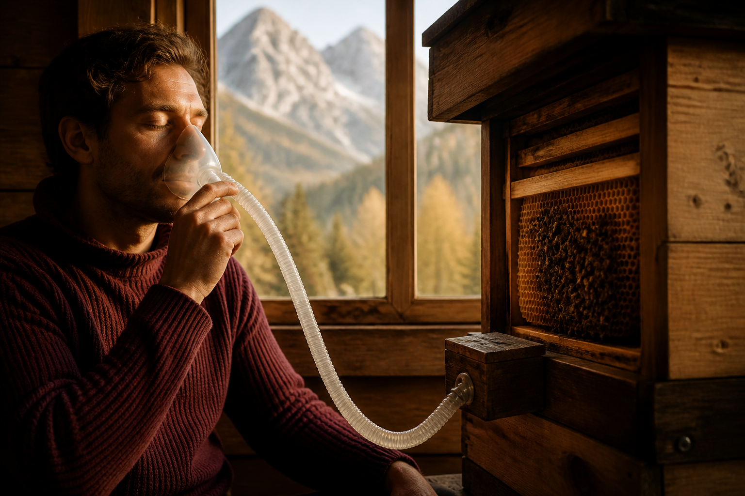 Redaktionell illustration: traveler wearing an inhalation mask connected to a beehive inside a wooden apiary in Rateče