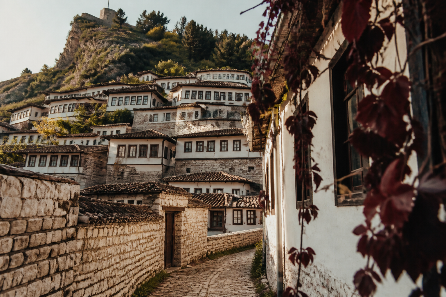 Redaktionell illustration: Traditional Ottoman-style stone houses on the hillside of Berat