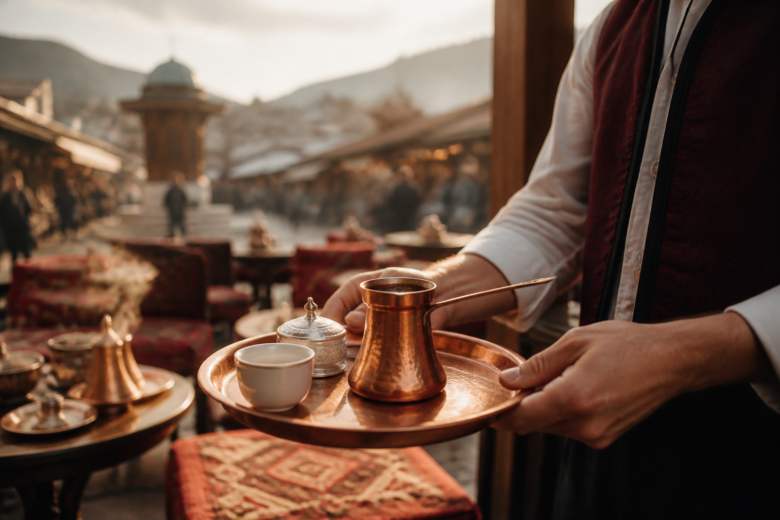 Redaktionell illustration: waiter serving traditional bosnian coffee in a copper dzezva on a metal tray at an outdoor cafe in Bascarsija
