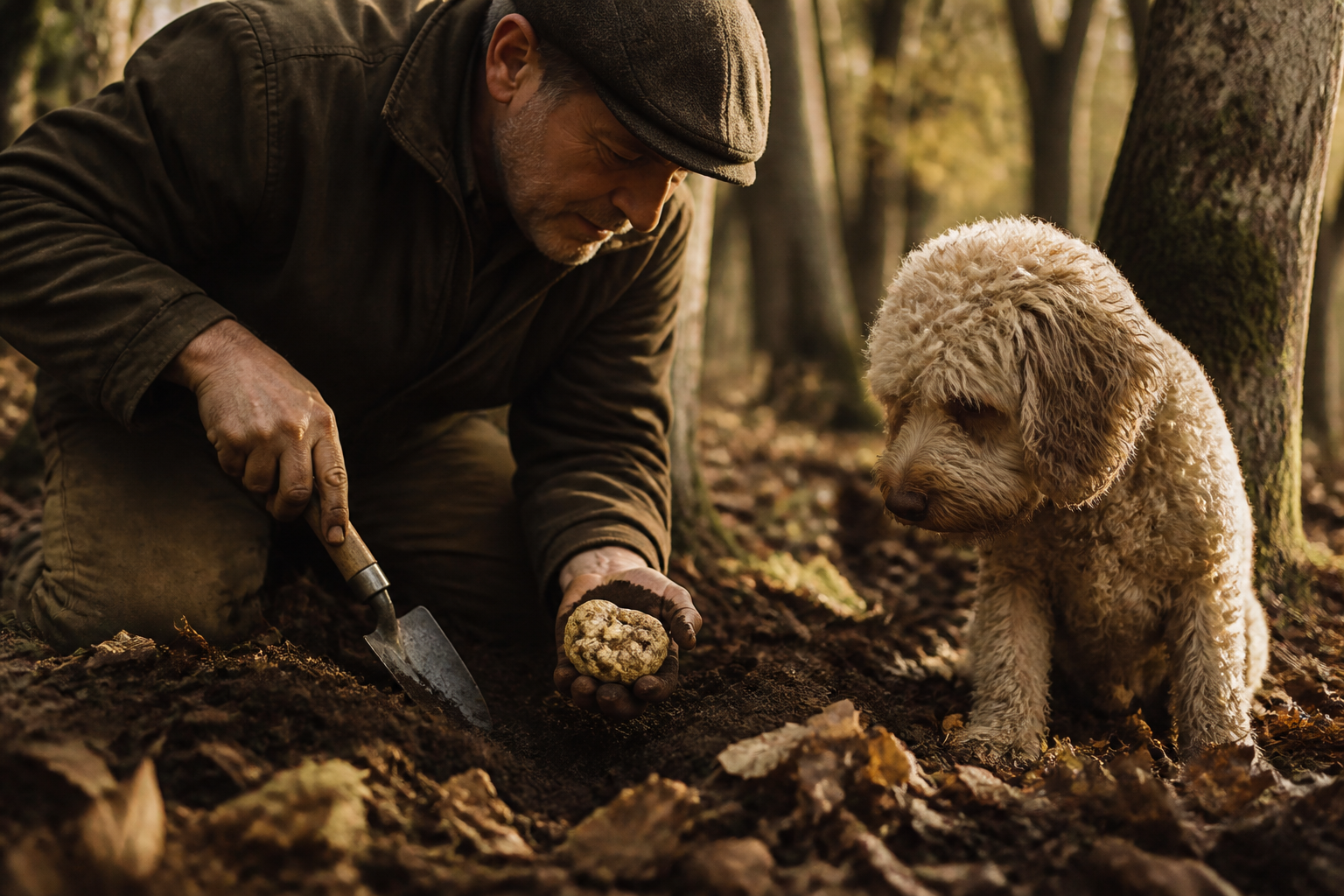 Redaktionell illustration: truffle hunter digging up a white truffle with a small spade while a dog watches in Motovun forest