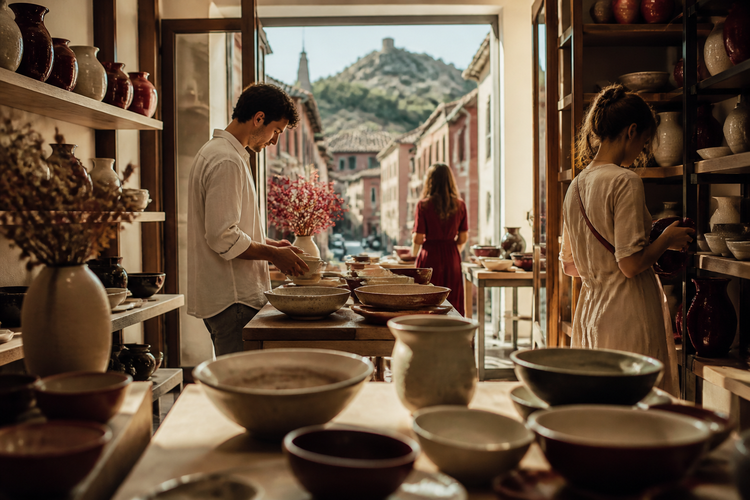Redaktionell illustration: Visitors browsing handmade ceramic goods inside a sunlit boutique craft shop in Plovdiv.