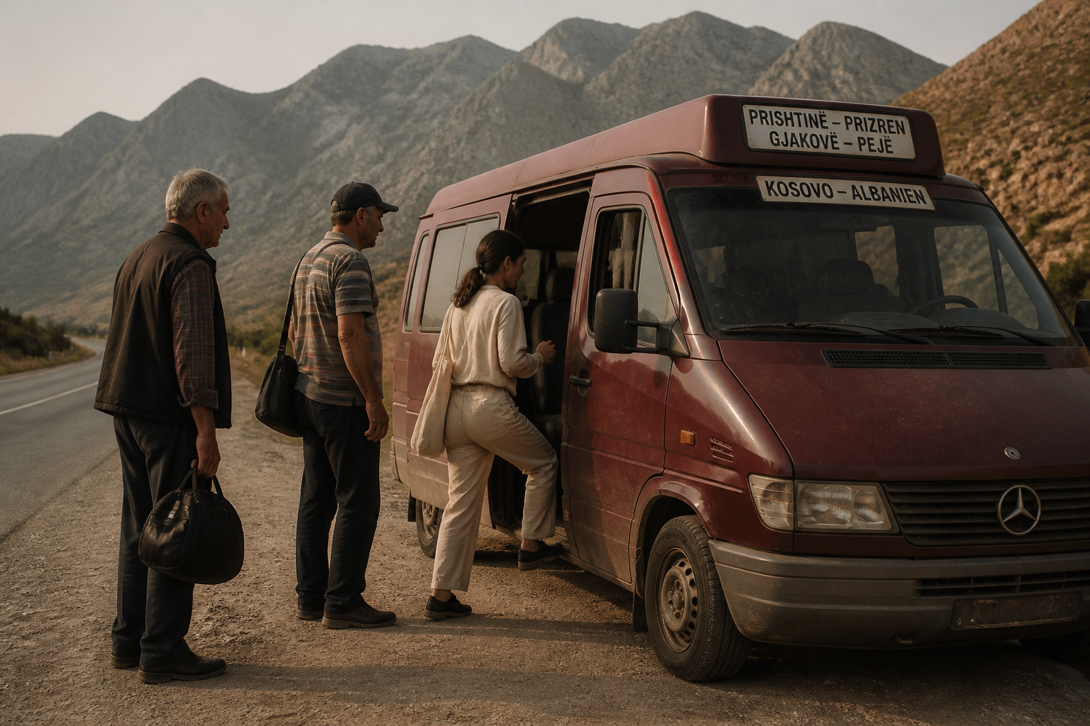 Redaktionell illustration: A local minibus or taxi parked on a dusty roadside in Albania, with passengers boarding.