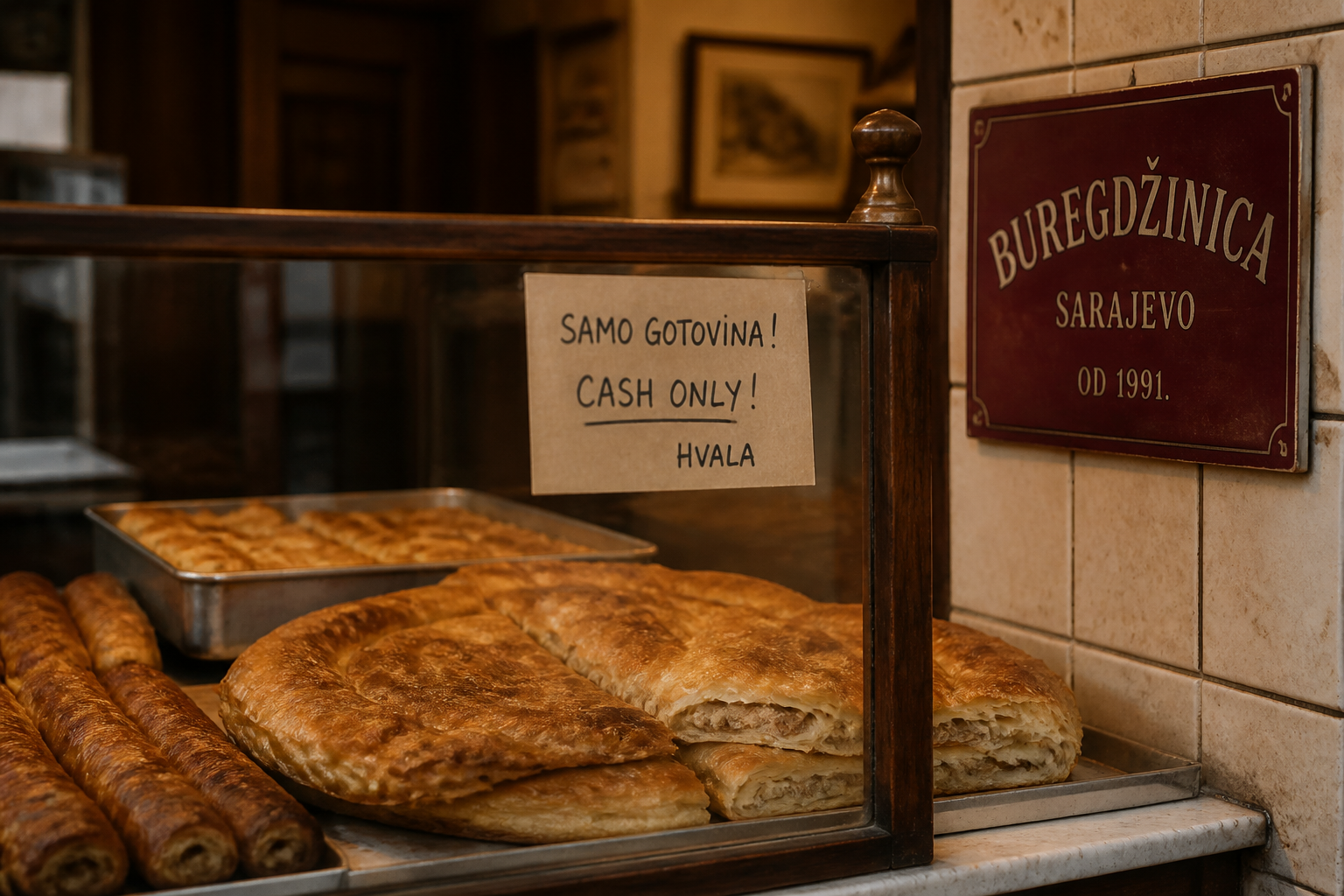 Redaktionell illustration: A small traditional bakery counter with fresh burek