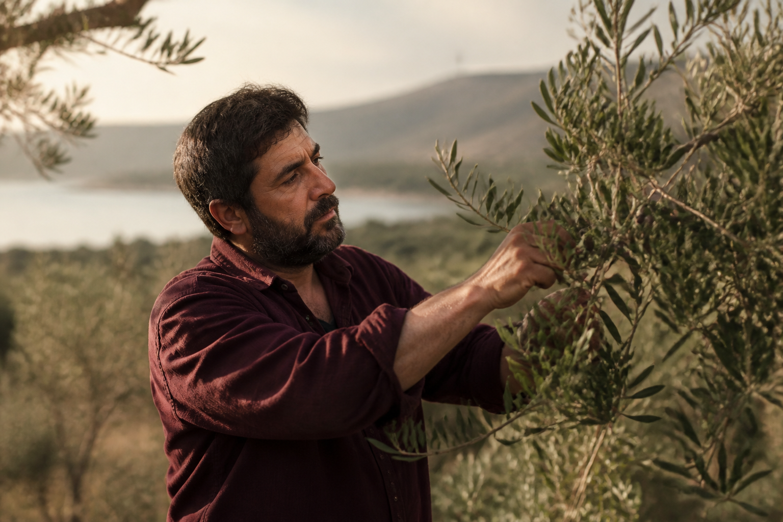 Redaktionell illustration: Kyriakos Makratzis tending olive trees on the family farm in Kontomari, Crete