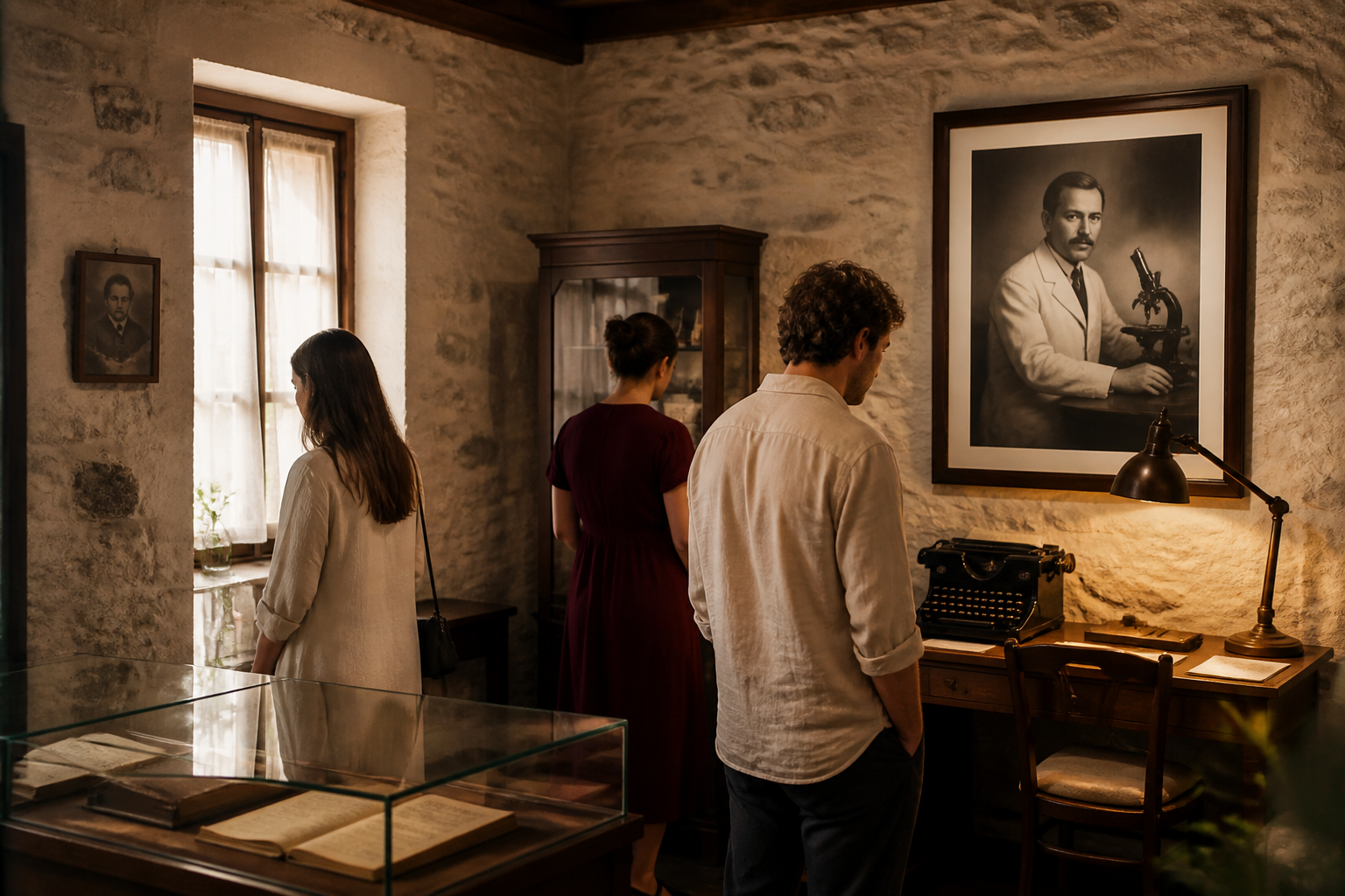 Redaktionell illustration: visitors looking at exhibits inside the restored stone childhood home of Georgios Papanikolaou in Kymi