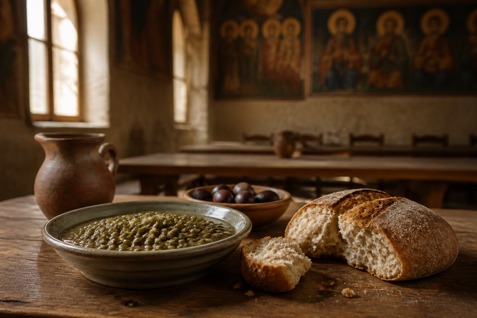 Redaktionell illustration: A simple wooden table set with a bowl of green lentils, rustic bread, and olives in natural light