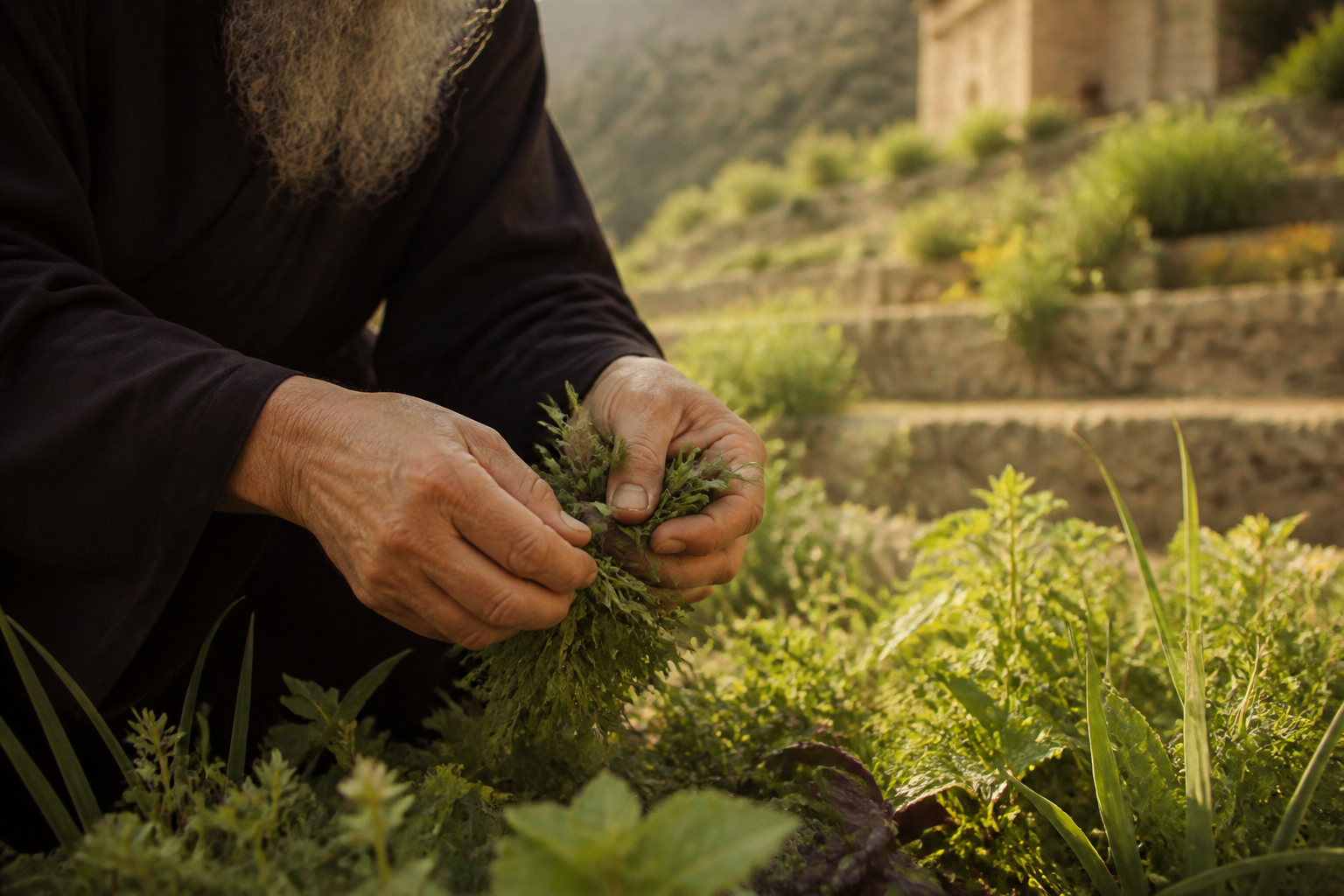 Redaktionell illustration: Close-up of a monk's hands harvesting fresh wild greens and herbs in a sun-drenched terraced garden