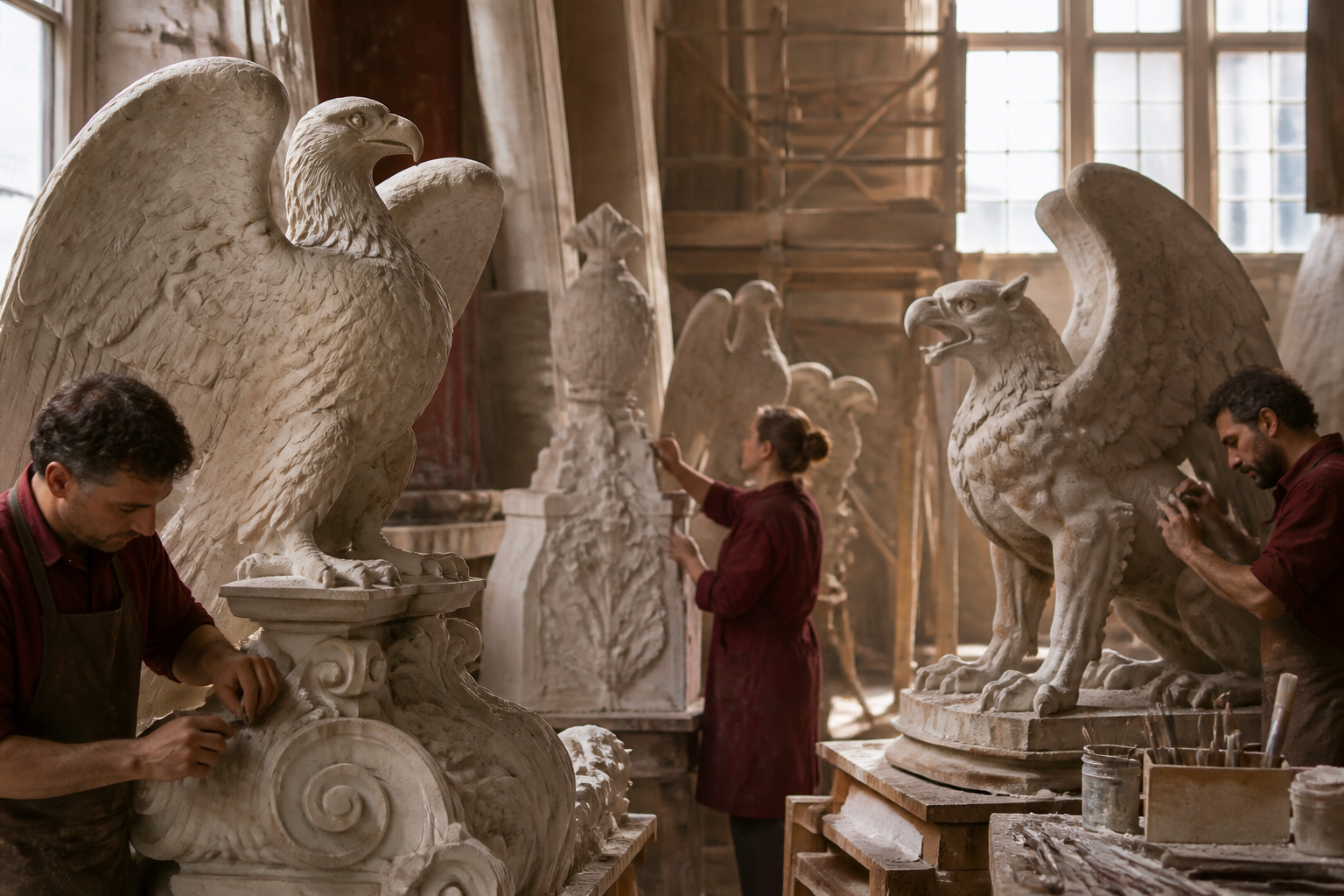 Redaktionell illustration: Sculptors shaping architectural ornaments in a restoration workshop in Bucharest
