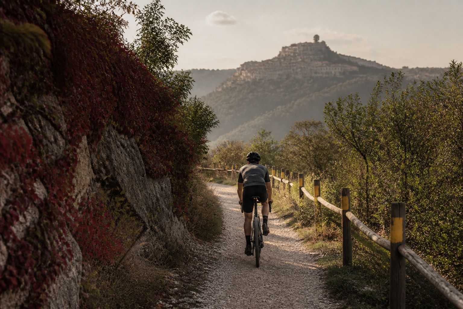 Redaktionell illustration: cyclist navigating a gravel path lined with yellow trail markers near Kanegra