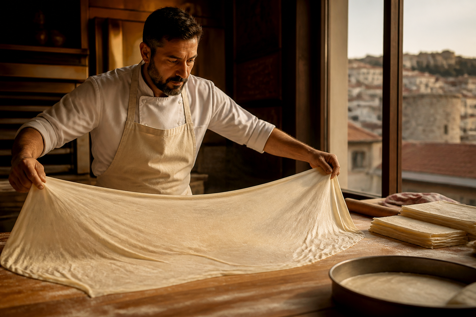 Redaktionell illustration: baker Philippos Bantis stretching paper-thin phyllo dough over a wooden table in his bakery kitchen