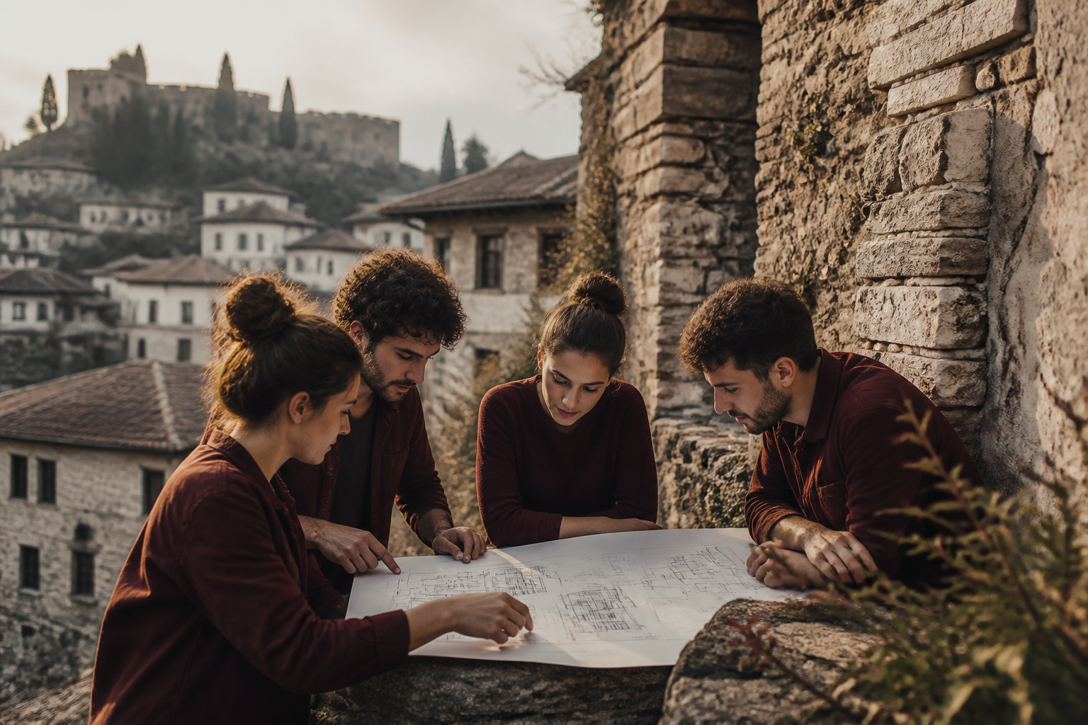 Redaktionell illustration: young architects looking at a blueprint next to an old stone wall in Gjirokastër
