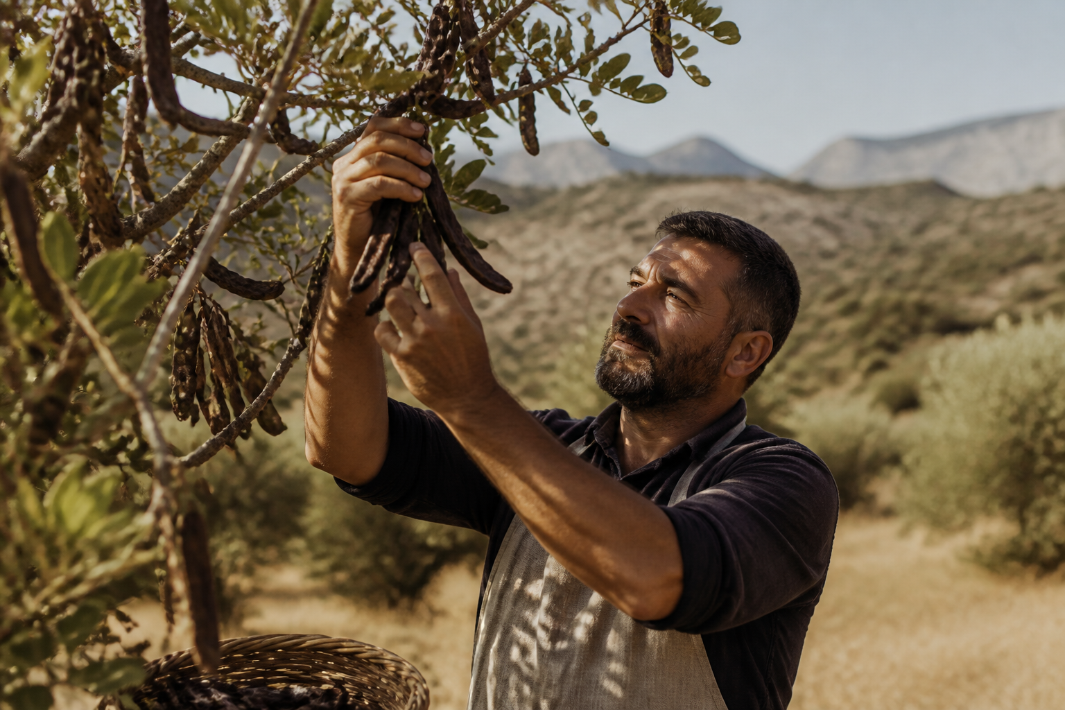 Redaktionell illustration: a farmer harvesting dark carob pods from a tree in the sun-drenched Cretan countryside