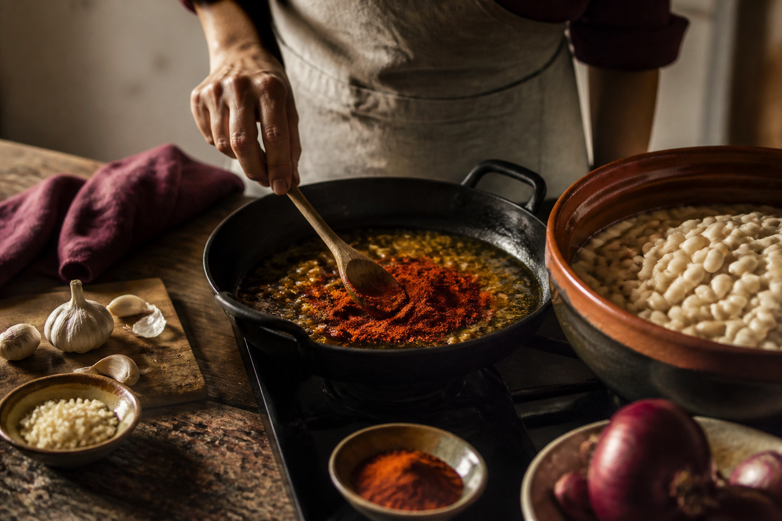 Redaktionell illustration: Cook stirring paprika into hot oil in a skillet beside a pot of cooked white beans