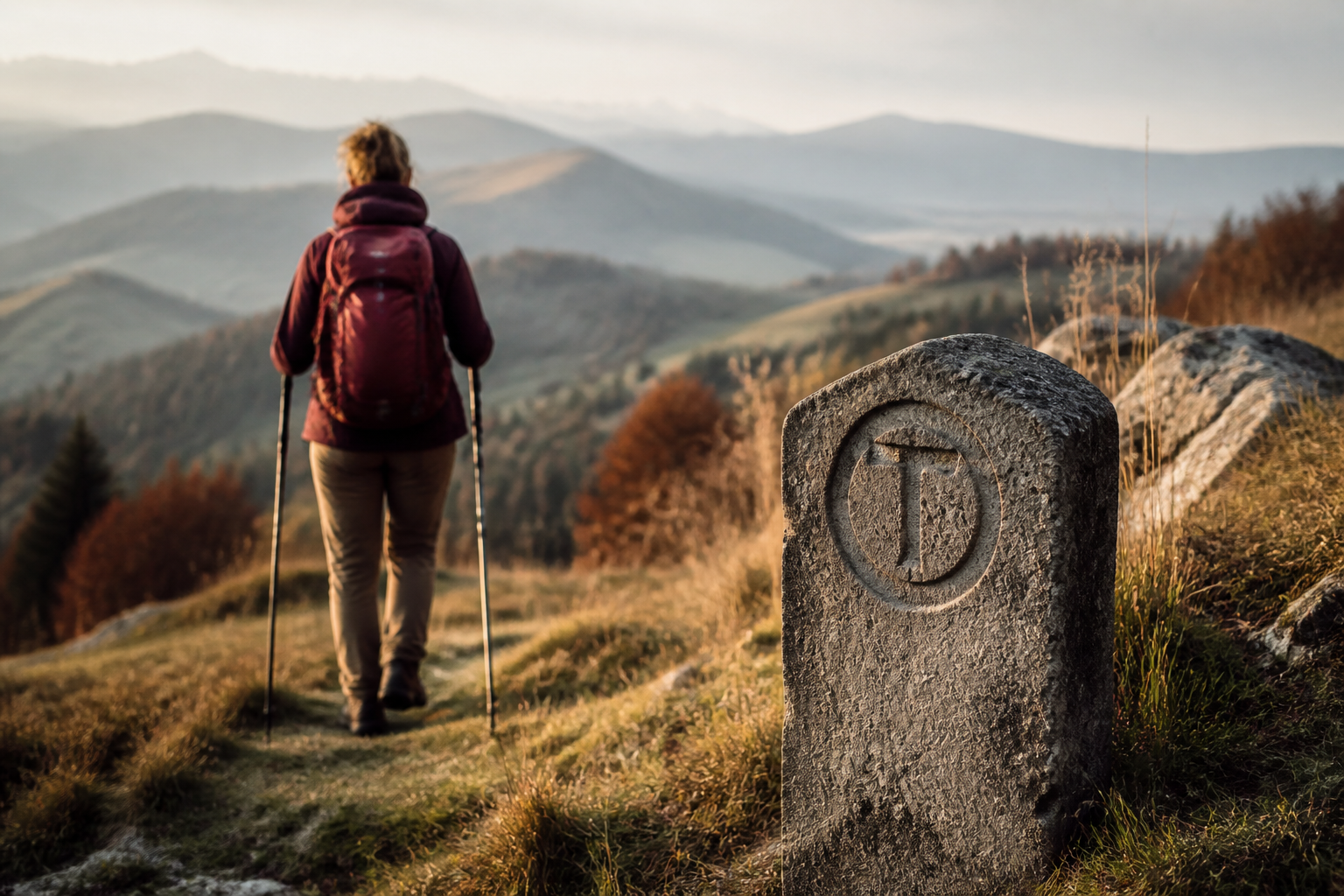 Redaktionell illustration: hiker walking past a carved stone milestone on a grassy mountain ridge