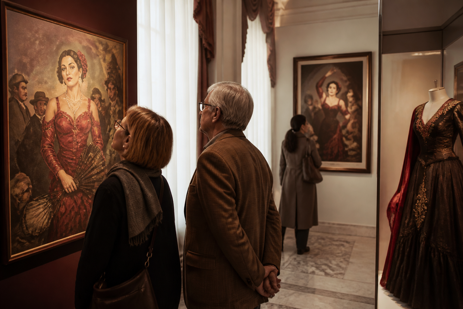 Redaktionell illustration: Visitors reading original opera posters in the Viorica Cortez exhibition gallery