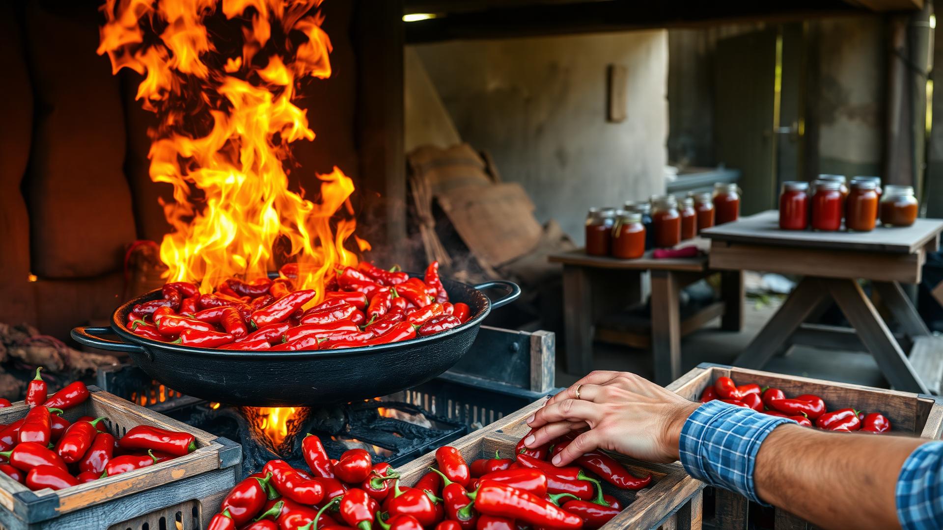 AI-illustration av ajvartillverkning: paprika som rostas över öppen eld på en gård på Balkan