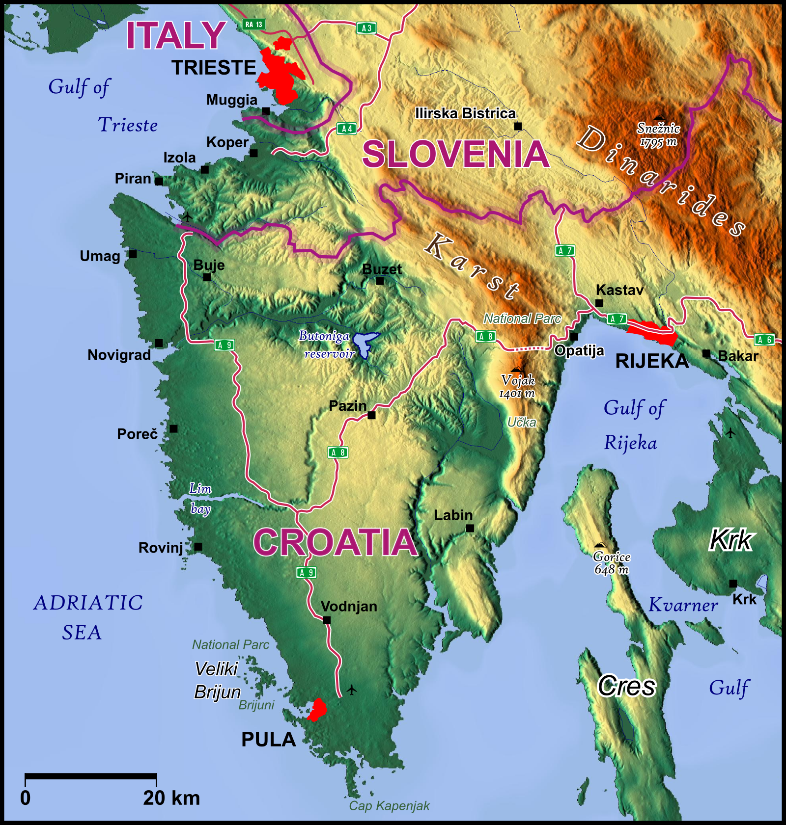 En engelskspråkig karta över halvön Istrien i Kroatien.