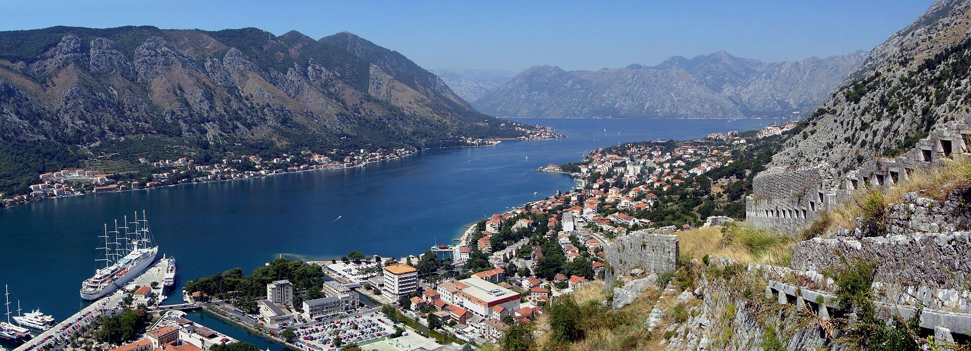 En vidsträckt utsikt över Kotorviken i Montenegro, omgiven av höga, branta berg.