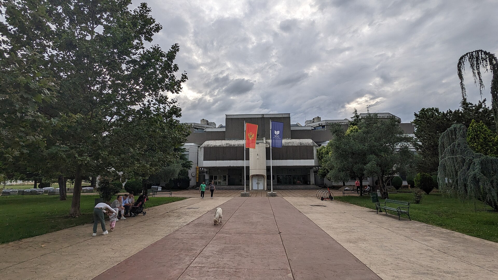 Studenter rör sig längs den trädkantade allén framför Universitetet i Montenegro i Podgorica.