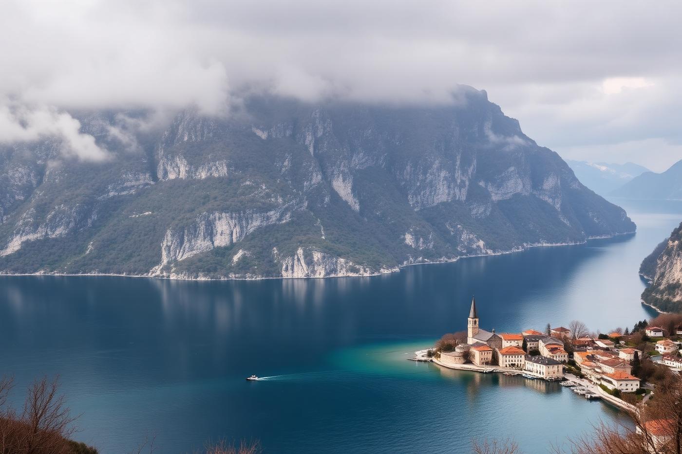 Perast vid vattnet med kyrkoön Gospa od Škrpjela i Kotorbukten